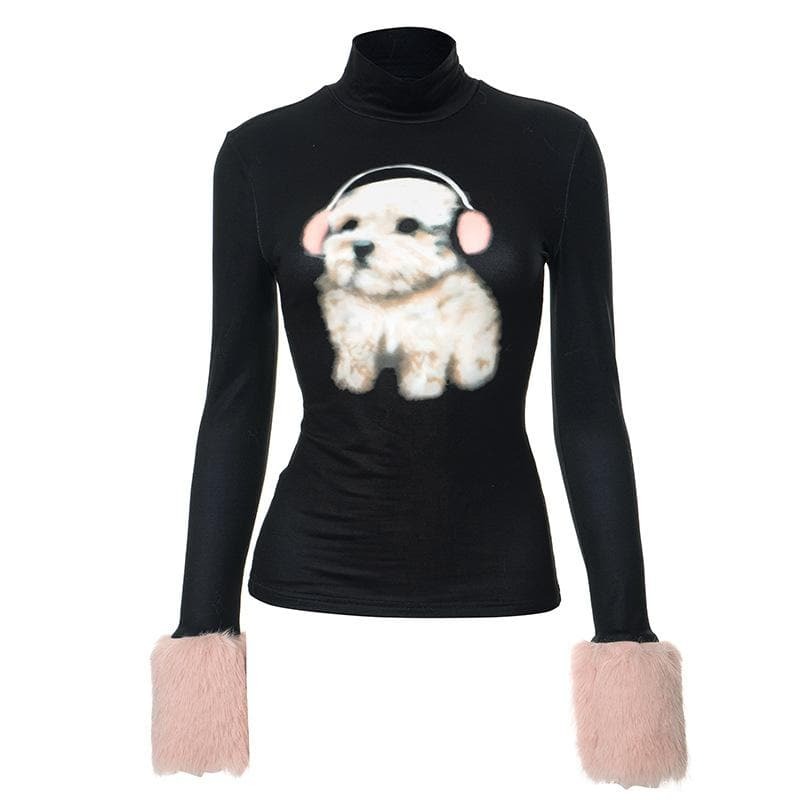 Cozy Y2K Fluffy Dog Print Top - Cute Aesthetic Long Sleeve for Grunge & Coquette Styles