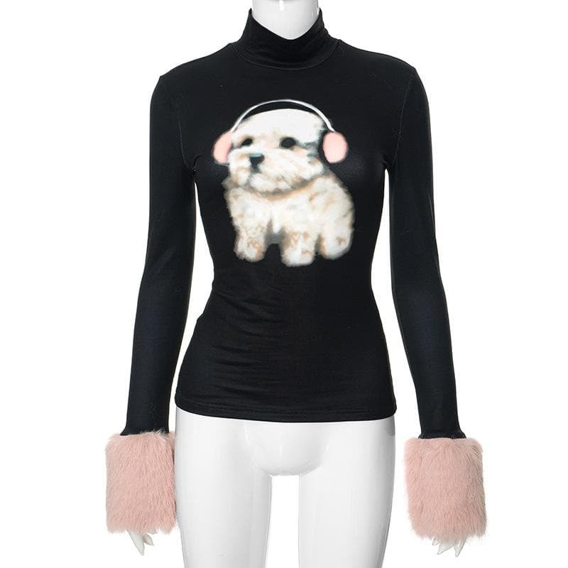 Cozy Y2K Fluffy Dog Print Top - Cute Aesthetic Long Sleeve for Grunge & Coquette Styles