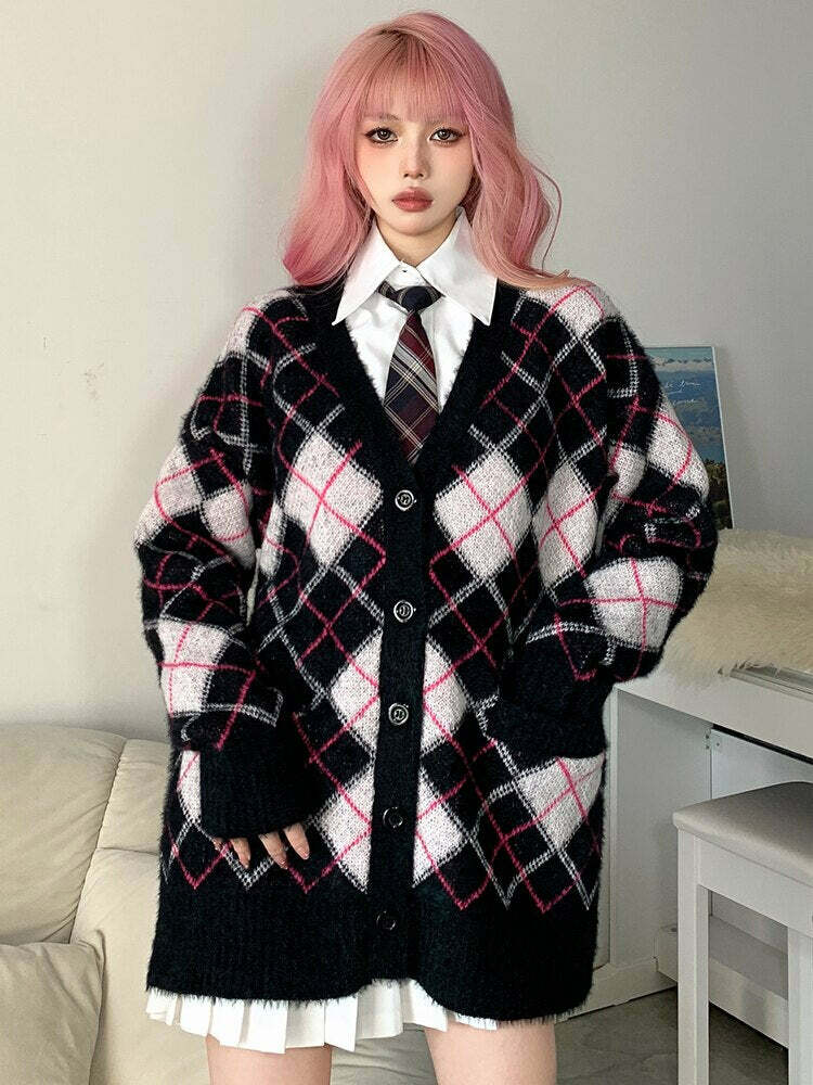 Cozy Y2K Plaid Knit Cardigan Sweater for Grunge, Coquette, and Aesthetic Outfits