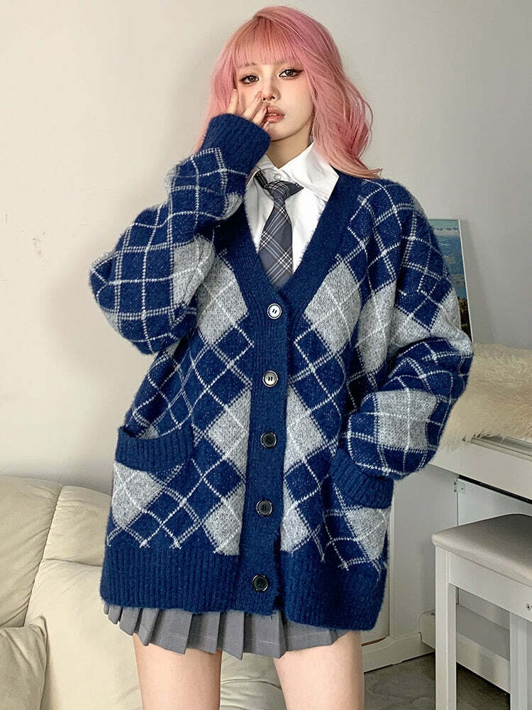 Cozy Y2K Plaid Knit Cardigan Sweater for Grunge, Coquette, and Aesthetic Outfits