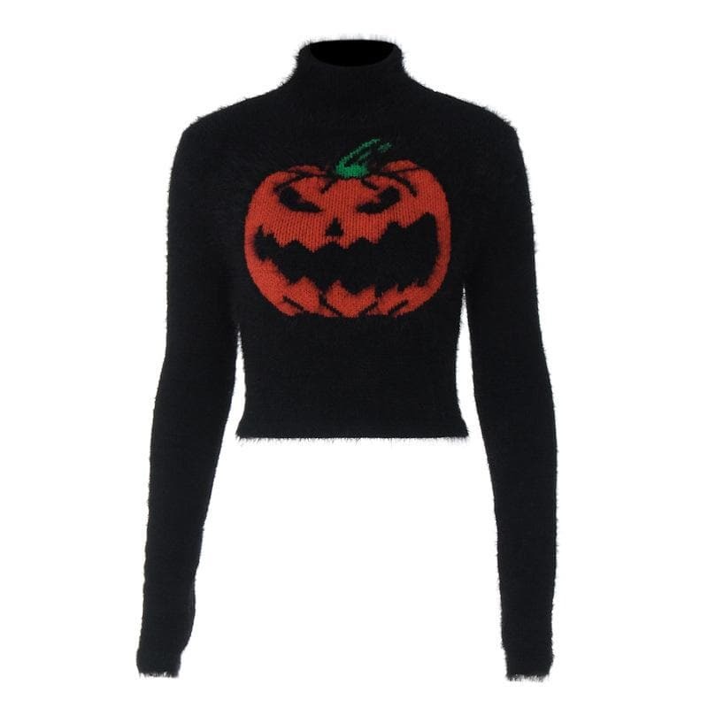Cozy Y2K Pumpkin Pattern Fluffy High Neck Top - Cute Aesthetic Fall Fashion
