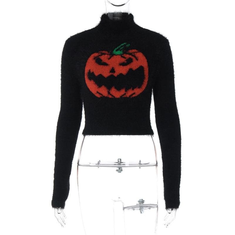 Cozy Y2K Pumpkin Pattern Fluffy High Neck Top - Cute Aesthetic Fall Fashion
