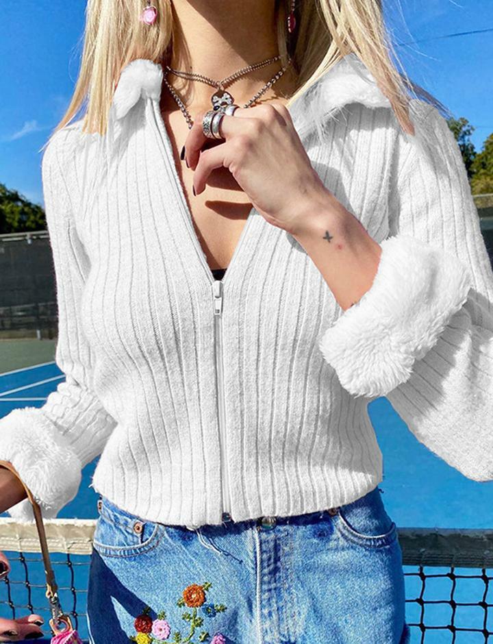 Cropped Zipper Slim Knit Jacket with Fur Collar - Y2K Grunge Aesthetic Outerwear