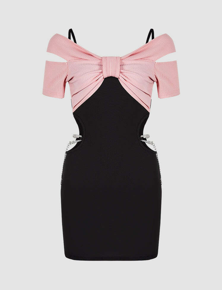 Cute Bow Chain Waist Bodycon Cami Mini Dress - Y2K Aesthetic, Coquette Style, Grunge Vibes