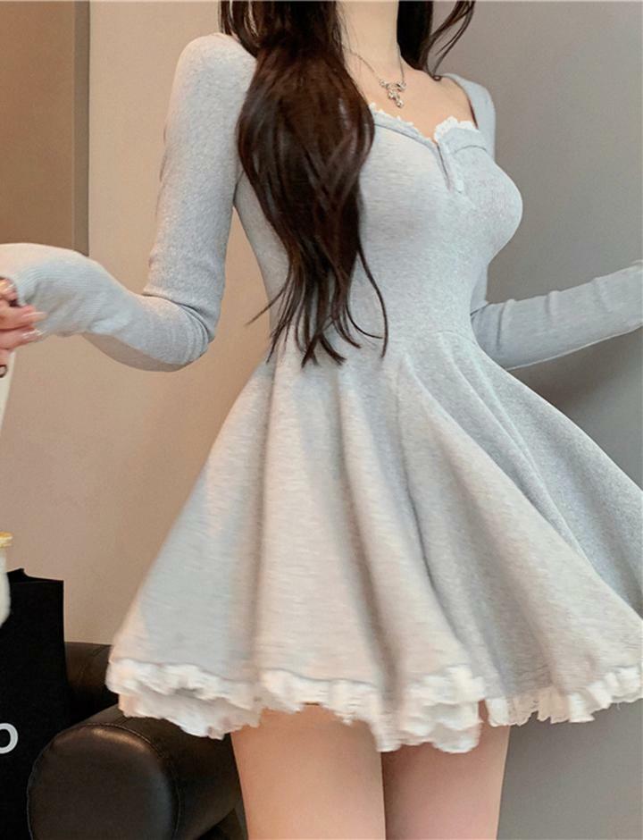 Cute Lace Long Sleeve A-Line Dress for Y2K Fashion, Coquette Aesthetic, and Grunge Style