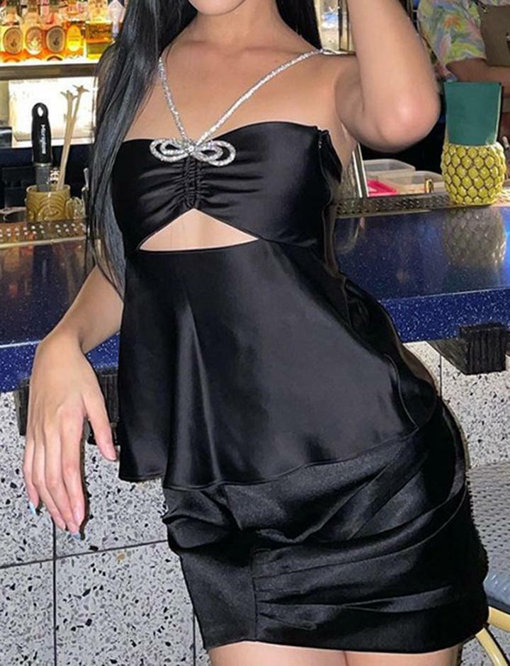 Cutout Rhinestone Halter Camisole Top - Y2K Aesthetic Cute Crop Top for Coquette & Grunge Styles