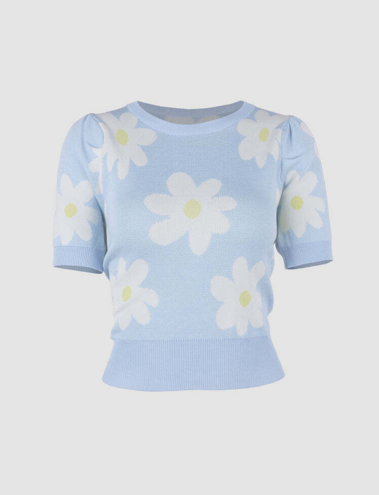 Daisy Print Y2K Aesthetic Short Sleeve Top - Cute Coquette Style for Trendy Outfits