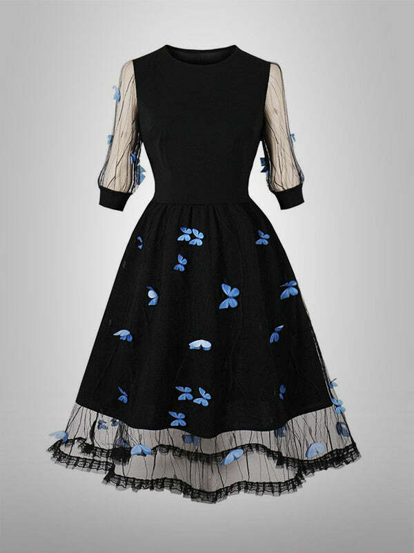 Dancing Butterfly Y2K Mesh Sleeve Dress - Cute Coquette Aesthetic for Fall Fashion