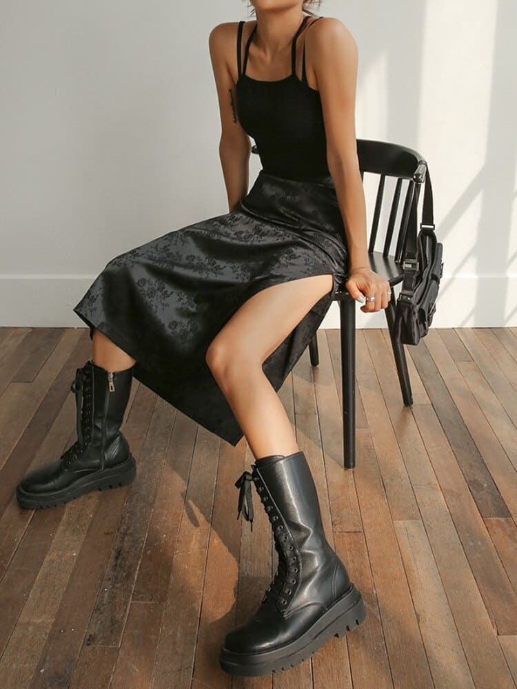 Dark Academia High Waist Black Midi Skirt - Y2K Aesthetic Grunge Style Fashion Piece