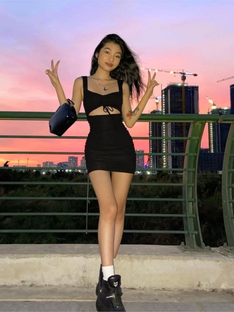 Dark Academia Hollow Out Sleeveless Dress - Y2K Aesthetic, Grunge Style, and Coquette Vibes
