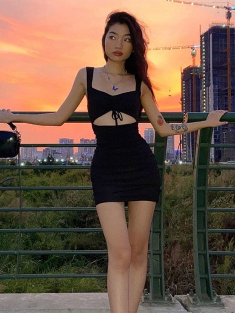 Dark Academia Hollow Out Sleeveless Dress - Y2K Aesthetic, Grunge Style, and Coquette Vibes