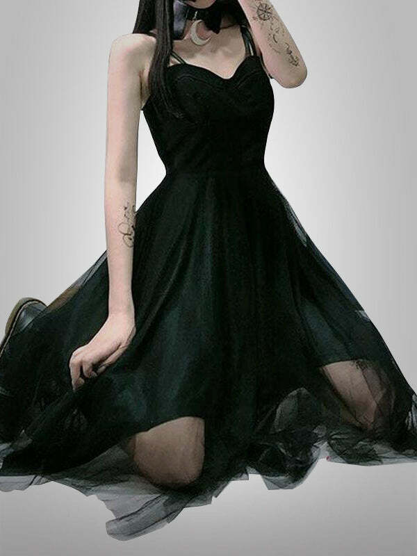 Dark Night Black Fairy Slip Dress - Y2K Aesthetic, Grunge Style, Coquette Fashion