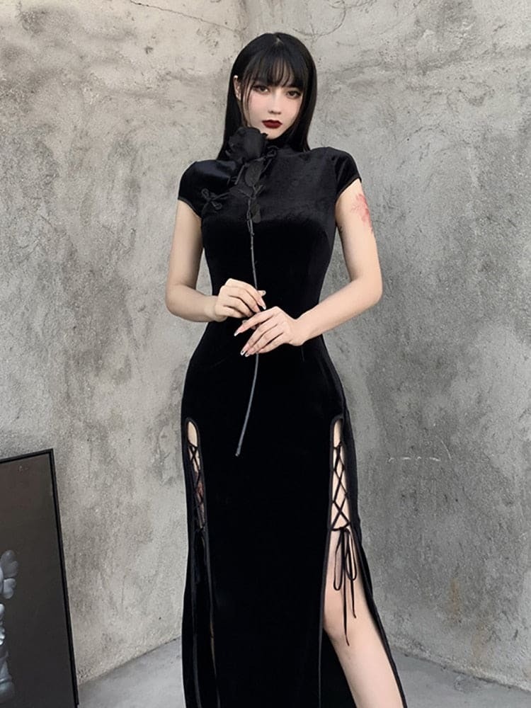 Dark Romantic Velvet Aesthetic Dress - Y2K Grunge Style with Coquette and Goth Vibes