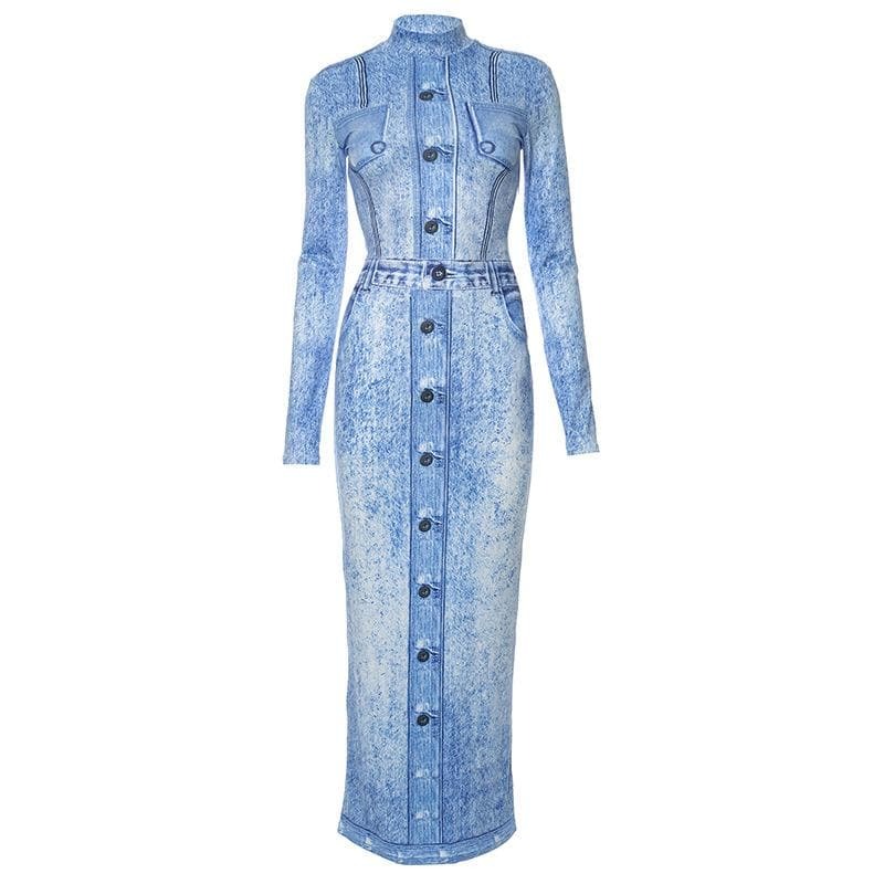 Denim Print Contrast High Neck Long Sleeve Maxi Dress - Y2K Aesthetic & Grunge Style