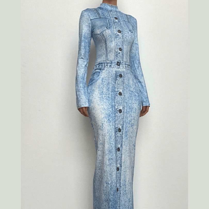 Denim Print Contrast High Neck Long Sleeve Maxi Dress - Y2K Aesthetic & Grunge Style