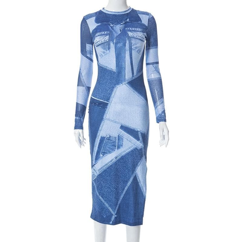 Denim Print Long Sleeve Slit Midi Dress - Y2K Aesthetic, Grunge Style, Cute & Comfy Fashion