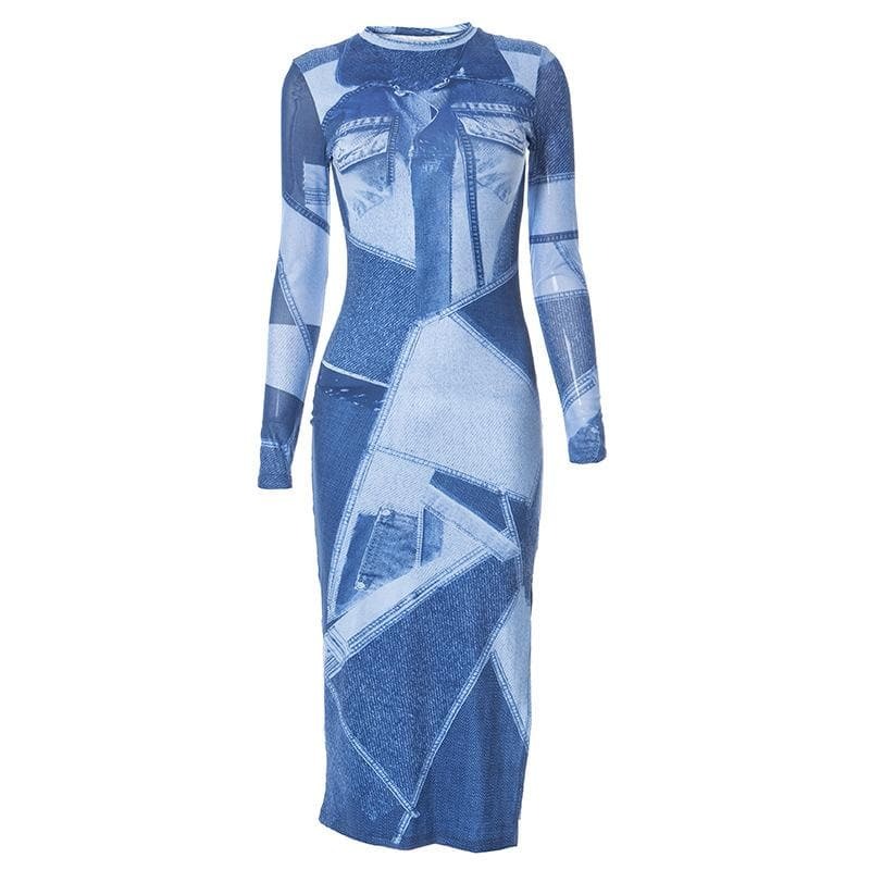 Denim Print Long Sleeve Slit Midi Dress - Y2K Aesthetic, Grunge Style, Cute & Comfy Fashion
