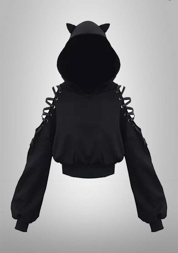 Devil Cat Ear Lace-Up Hoodie - Y2K Grunge Aesthetic, Cute & Comfy for Coquette Style