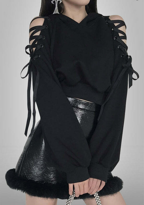 Devil Cat Ear Lace-Up Hoodie - Y2K Grunge Aesthetic, Cute & Comfy for Coquette Style