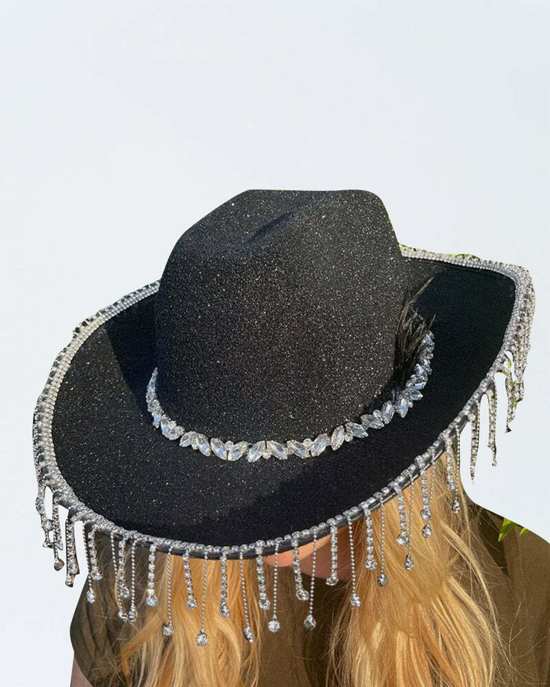Diamond Chain Pendant Cowboy Hat - Y2K Aesthetic, Coquette Style, Grunge Fashion Accessory