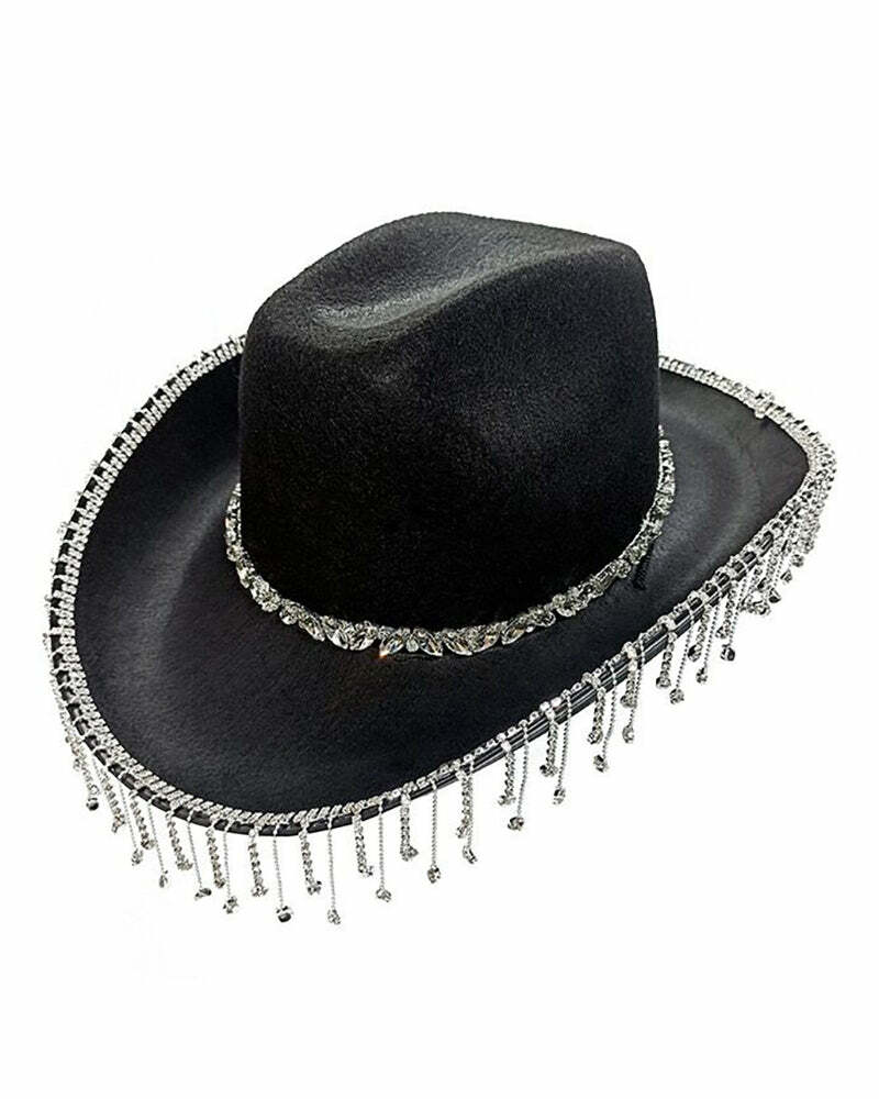 Diamond Chain Pendant Cowboy Hat - Y2K Aesthetic, Coquette Style, Grunge Fashion Accessory