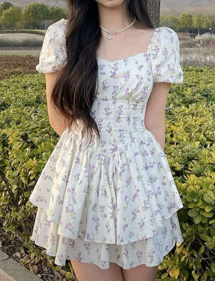 Ditsy Floral Print Corset Dress - Y2K Aesthetic Layered Style for Coquette & Grunge Vibes