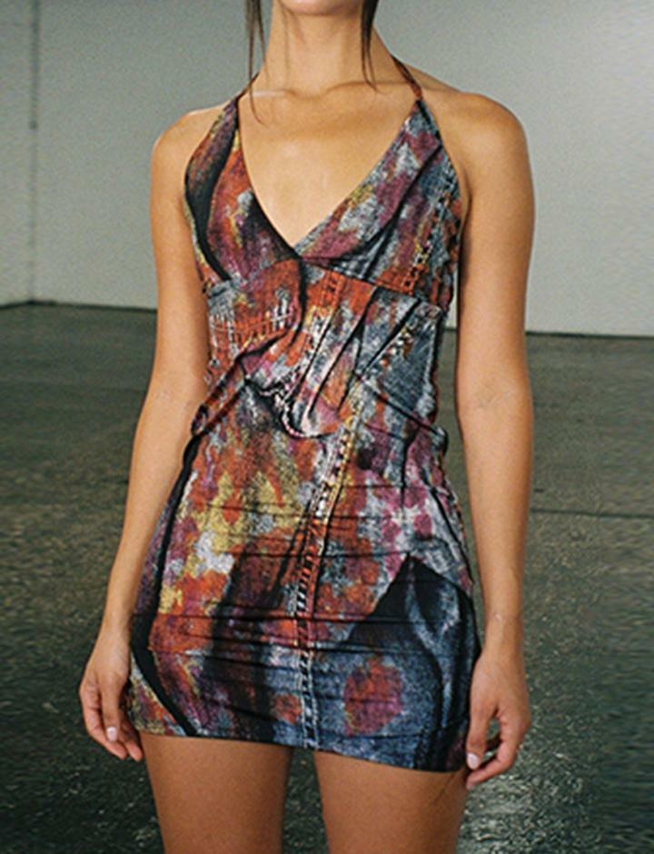 Doodle Print Y2K Bodycon V Neck Dress - Cute Coquette Aesthetic for Trendy Outfits
