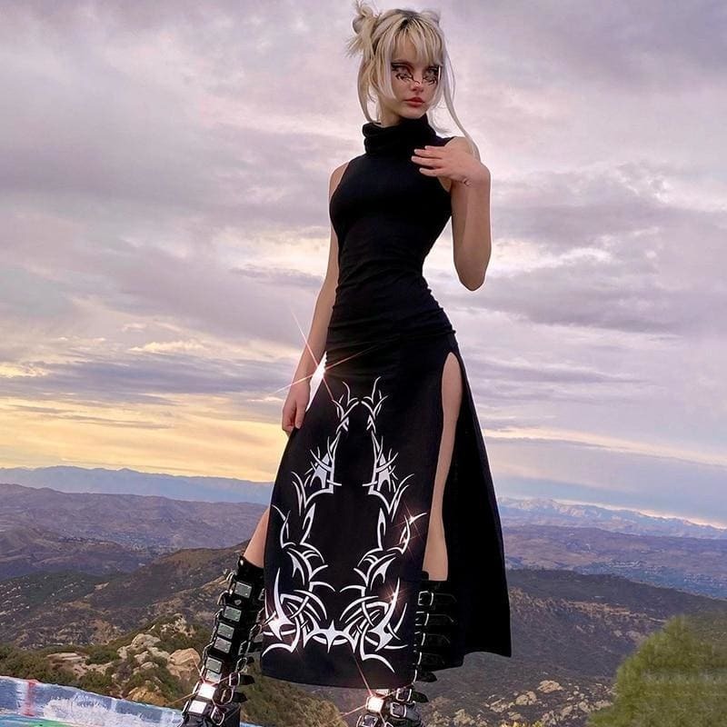 Edgy Black Maxi Dress with Double Slash Turtleneck - Y2K Grunge Aesthetic Fashion