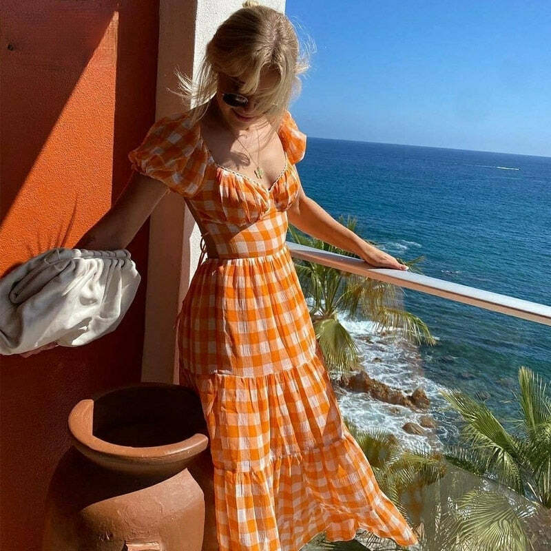 Elegant Orange Y2K Maxi Dress - Vintage Aesthetic with Grunge and Coquette Vibes