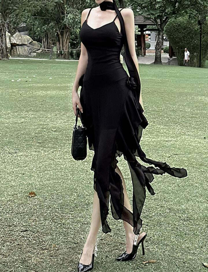 Elegant Ruffled Ribbon Flower Dress - Y2K Aesthetic, Coquette Style, Perfect for Fall