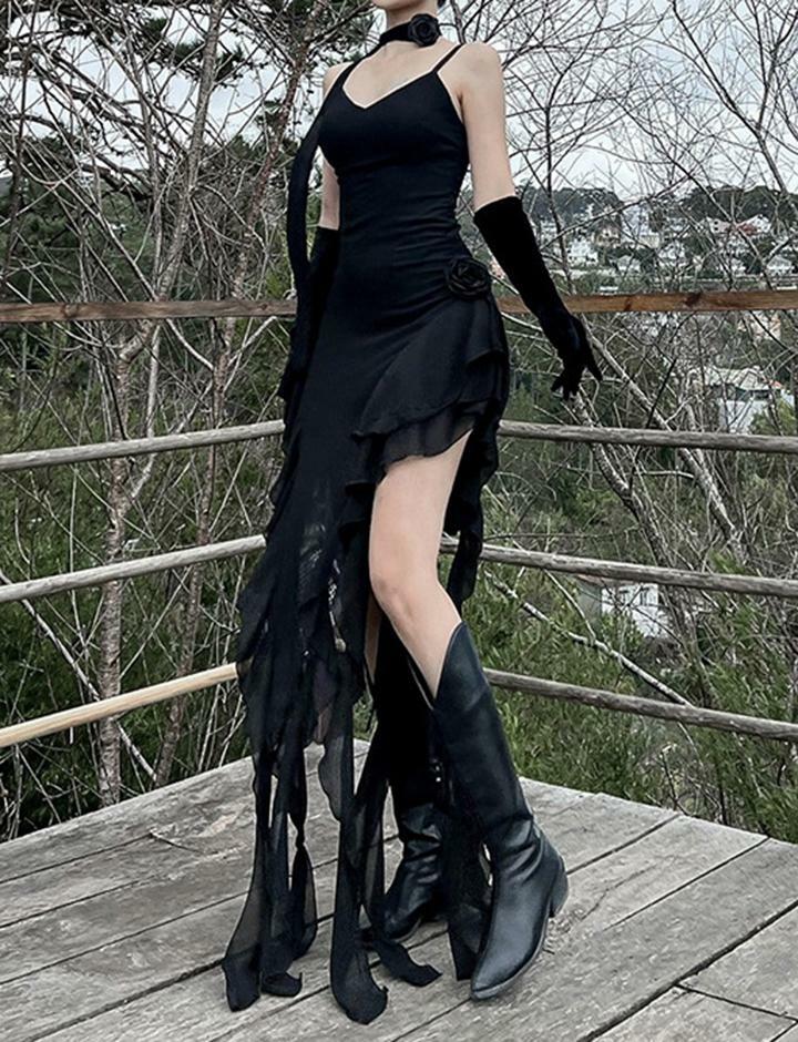 Elegant Ruffled Ribbon Flower Dress - Y2K Aesthetic, Coquette Style, Perfect for Fall