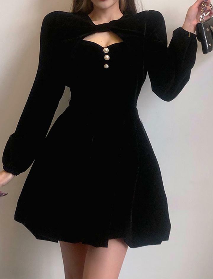 Elegant Velvet Long Sleeve Mini Dress with Chest Cutout - Y2K & Coquette Aesthetic