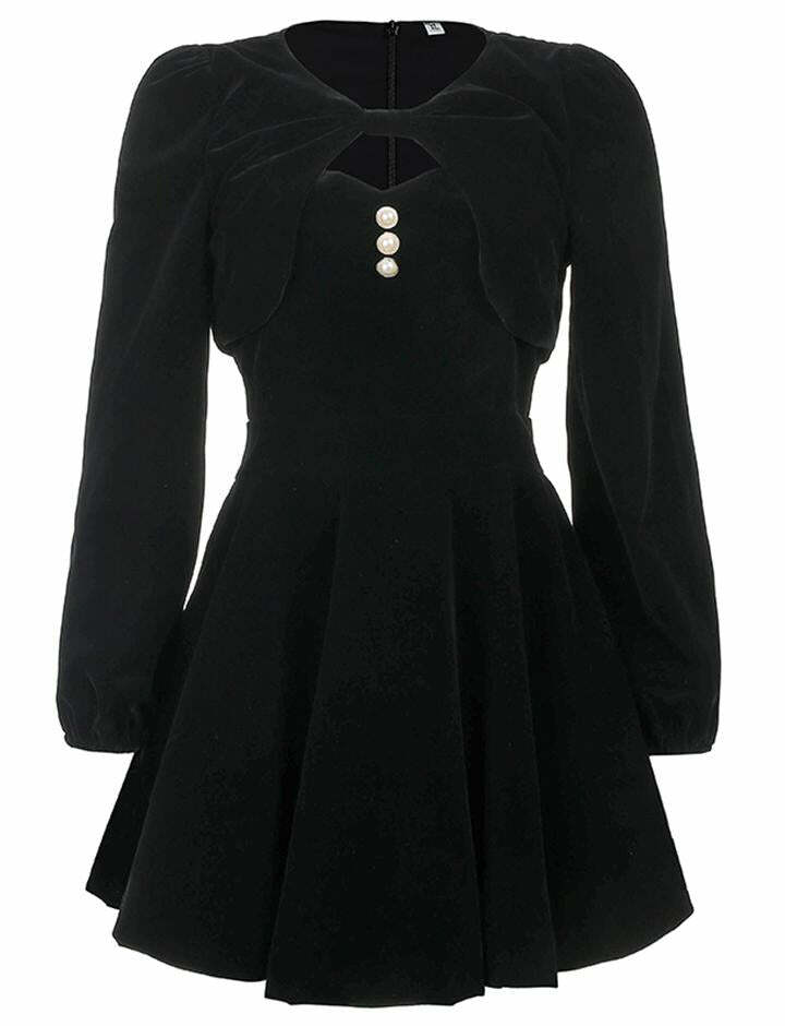 Elegant Velvet Long Sleeve Mini Dress with Chest Cutout - Y2K & Coquette Aesthetic