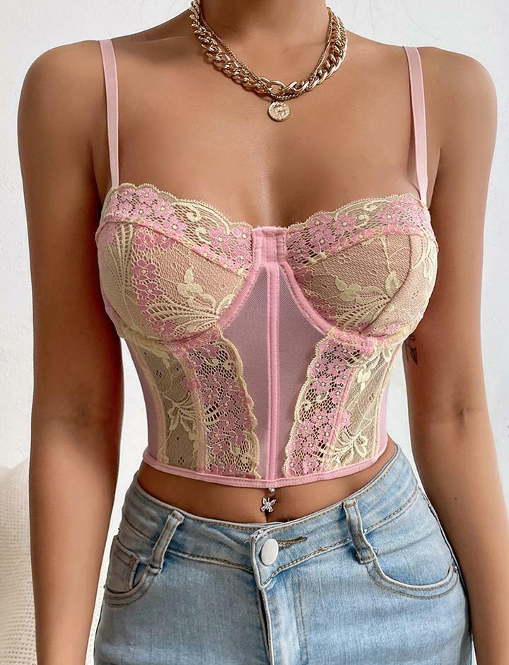 Embroidered Y2K Contrast Camisole with Herringbone Mesh Backless Design - Cute Aesthetic Top
