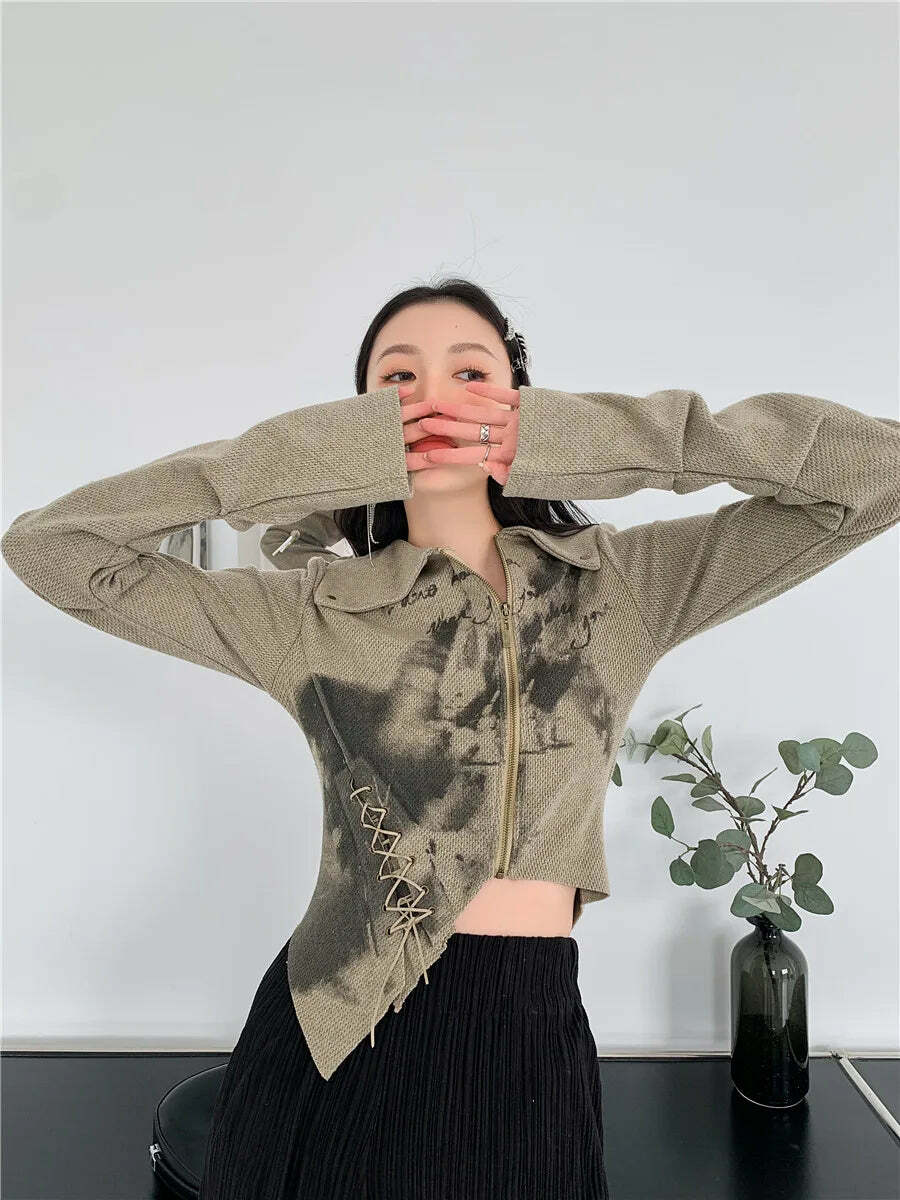 Fairy Grunge Lace-Up Asymmetric Cardigan - Y2K Aesthetic Layering Piece for Unique Outfits