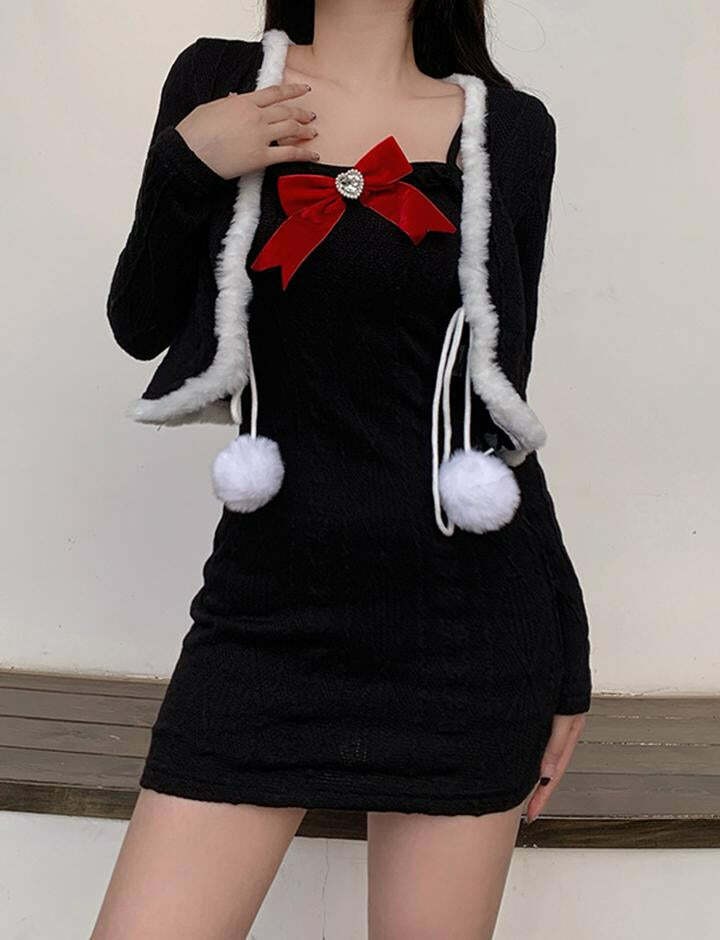 Faux Fur Trim Bowknot Cardigan & Dress Set - Y2K Coquette Aesthetic Outfit