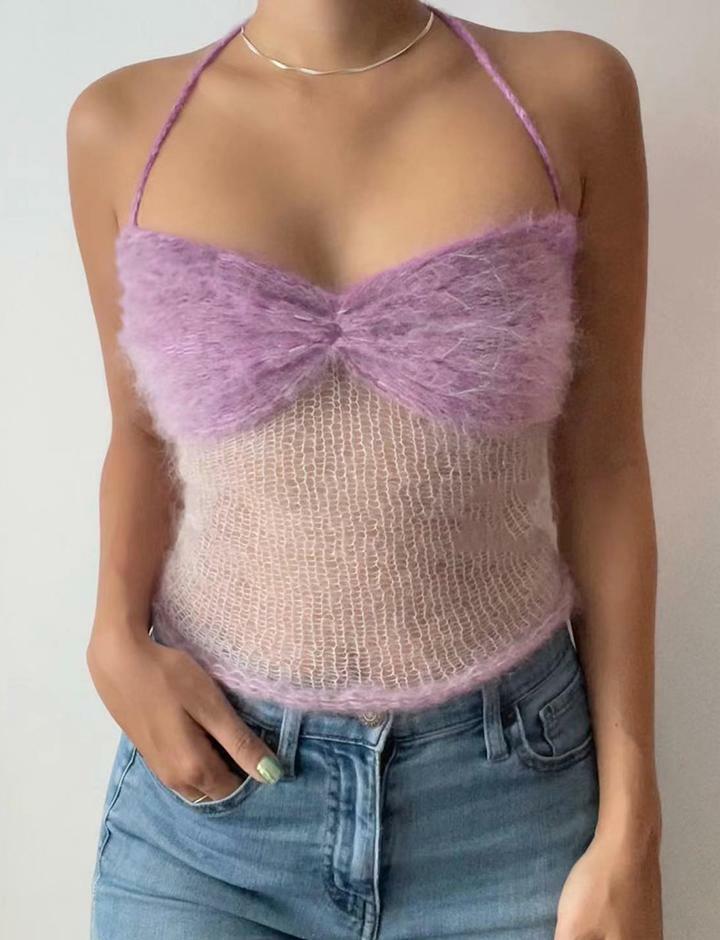 Faux Fur Trim Halter Crochet Camisole - Y2K Aesthetic Cute Top for Coquette & Grunge Styles