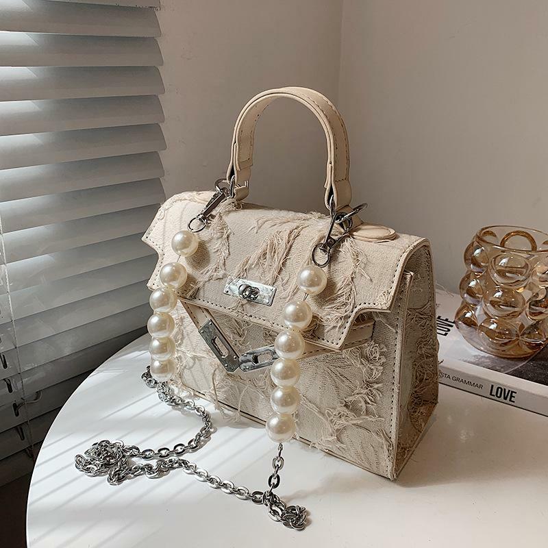 Faux Pearl Textured Metal Chain Crossbody Bag - Y2K Aesthetic, Coquette Style, Cute Accessory