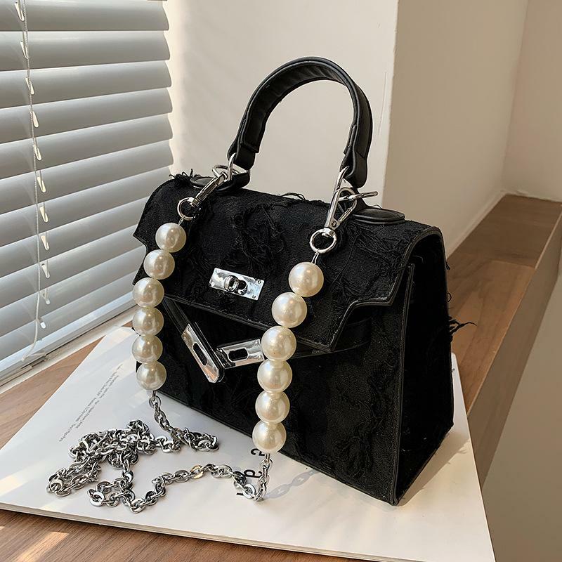 Faux Pearl Textured Metal Chain Crossbody Bag - Y2K Aesthetic, Coquette Style, Cute Accessory