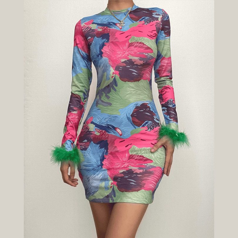 Feather Crewneck Contrast Print Long Sleeve Mini Dress - Y2K Aesthetic & Coquette Style