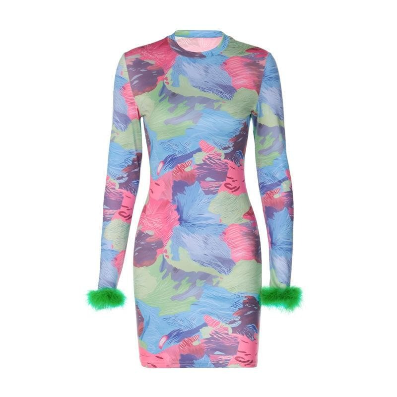 Feather Crewneck Contrast Print Long Sleeve Mini Dress - Y2K Aesthetic & Coquette Style