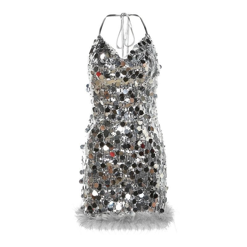 Feather Glitter Backless Mini Dress - Y2K Aesthetic Halter Top for Cute Night Out Looks