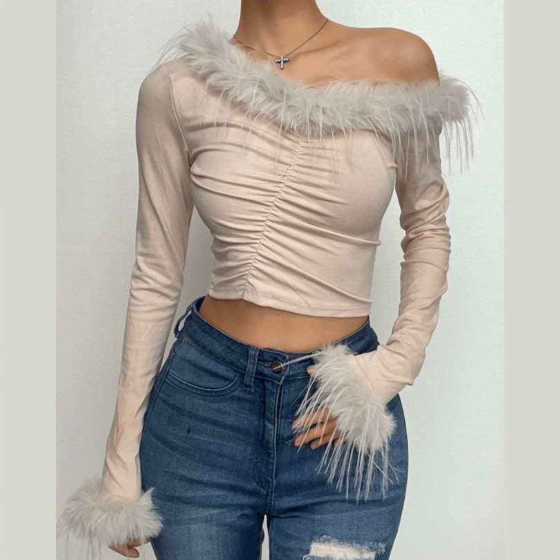 Feather Irregular Long Sleeve Ruched Off-Shoulder Crop Top - Y2K Coquette Aesthetic Fashion