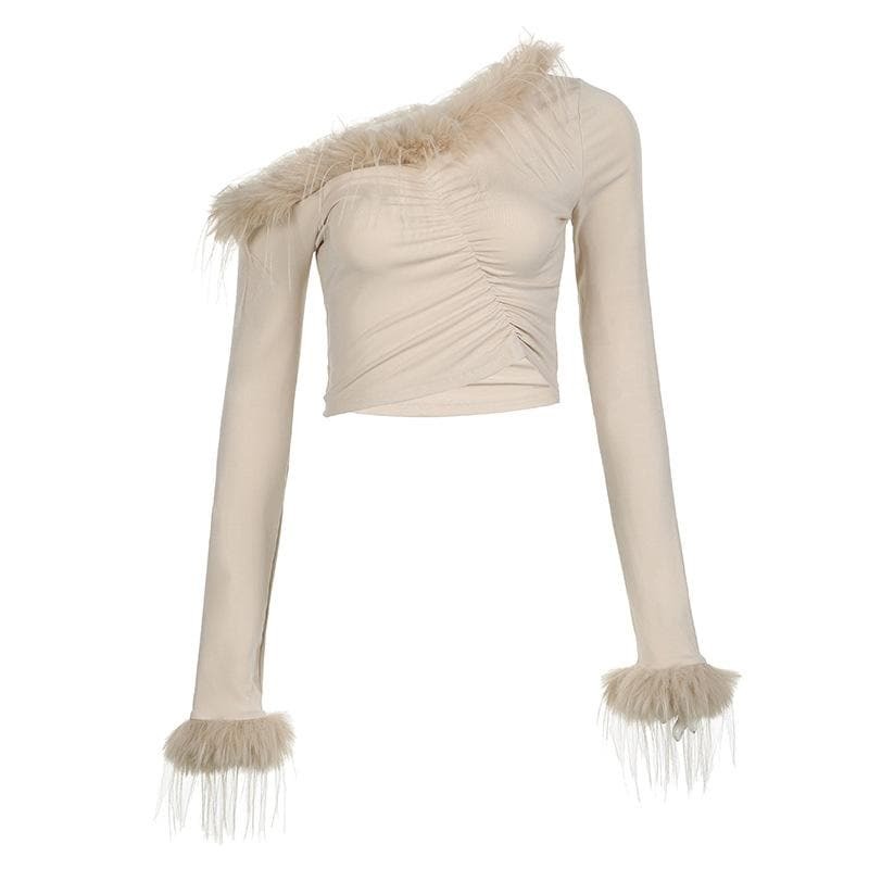 Feather Irregular Long Sleeve Ruched Off-Shoulder Crop Top - Y2K Coquette Aesthetic Fashion