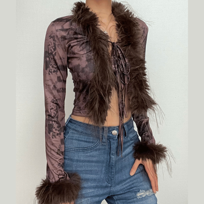 Feather Patchwork Long Sleeve Contrast Tie Top - Y2K Aesthetic Cute Crop for Grunge & Coquette Styles