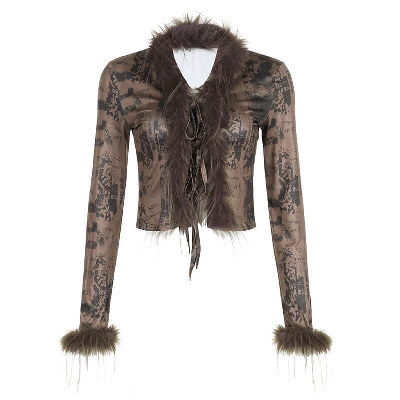 Feather Patchwork Long Sleeve Contrast Tie Top - Y2K Aesthetic Cute Crop for Grunge & Coquette Styles