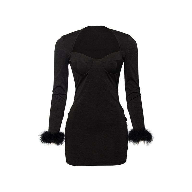 Feather Patchwork Solid Long Sleeve Mini Dress - Y2K Aesthetic Cute Dress for Coquette Style