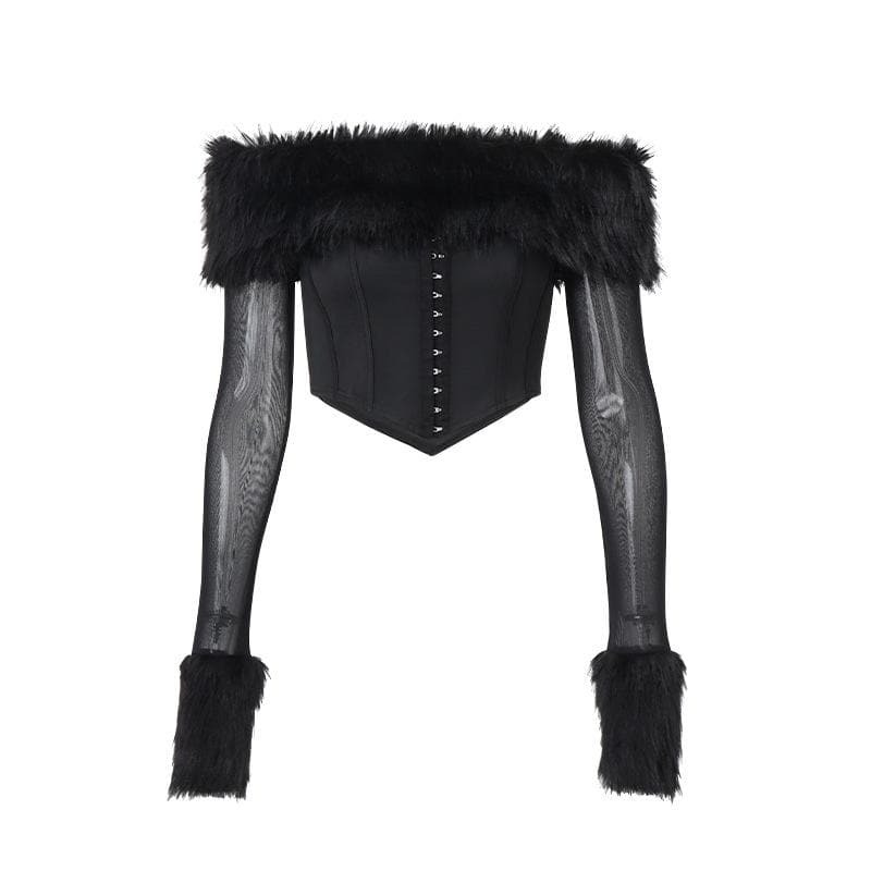 Feathered Off-Shoulder Mesh Bustier Crop Top - Y2K Fashion & Coquette Aesthetic