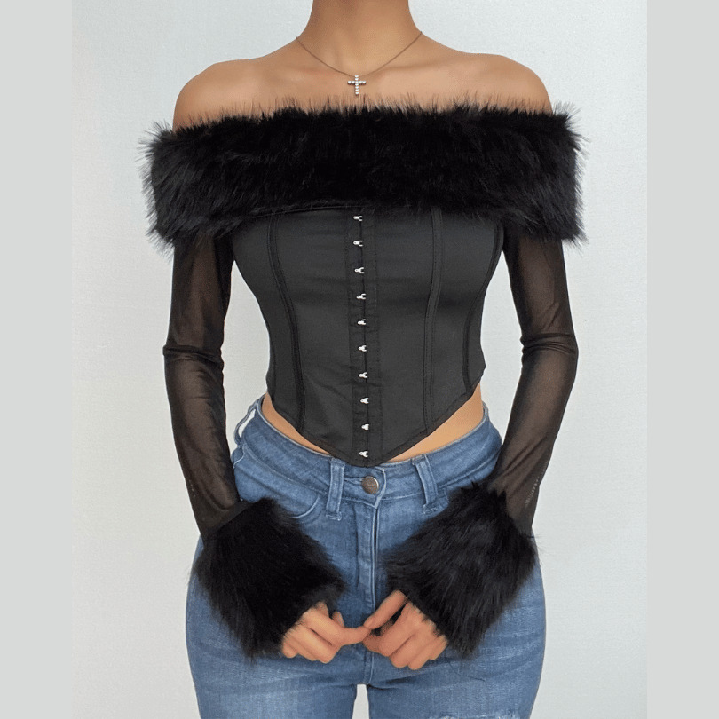 Feathered Off-Shoulder Mesh Bustier Crop Top - Y2K Fashion & Coquette Aesthetic
