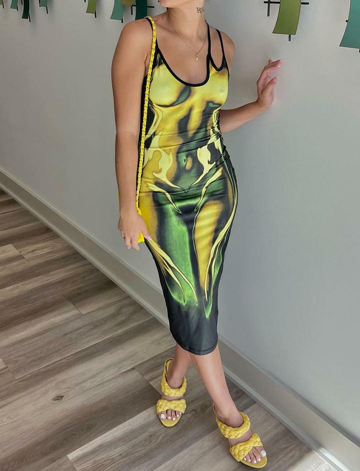 Fire Print Asymmetrical Cami Midi Dress - Y2K Aesthetic, Grunge Style, Cute Summer Outfit